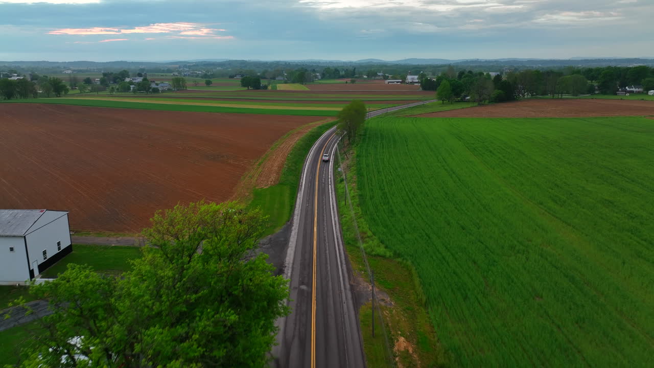 젖은 도로에서 자동차의 공중 추적 샷