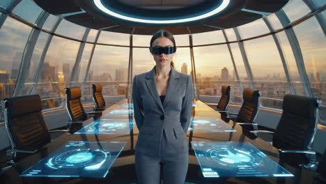 businesswoman using augmented reality in a futuristic office with holographic interfaces