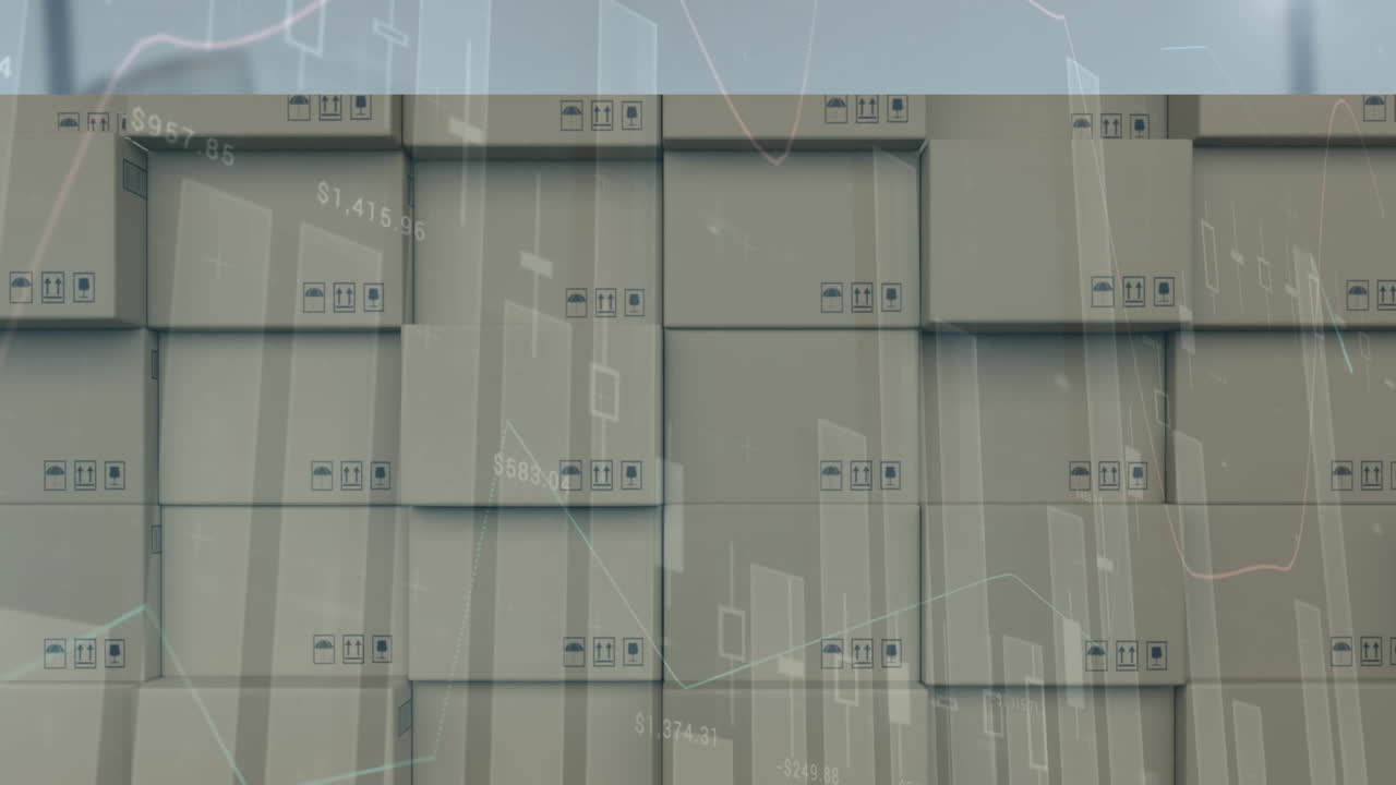 procesamiento de datos estadísticos sobre la pila de cajas de entrega contra el almacén