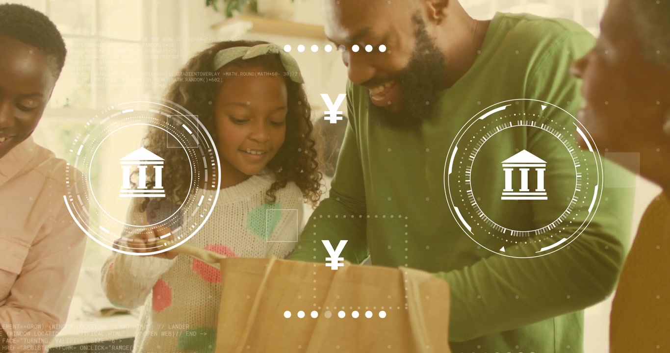Mother reaching into paper bag as family unpacking spoon bank arrows cycling currencies for finance