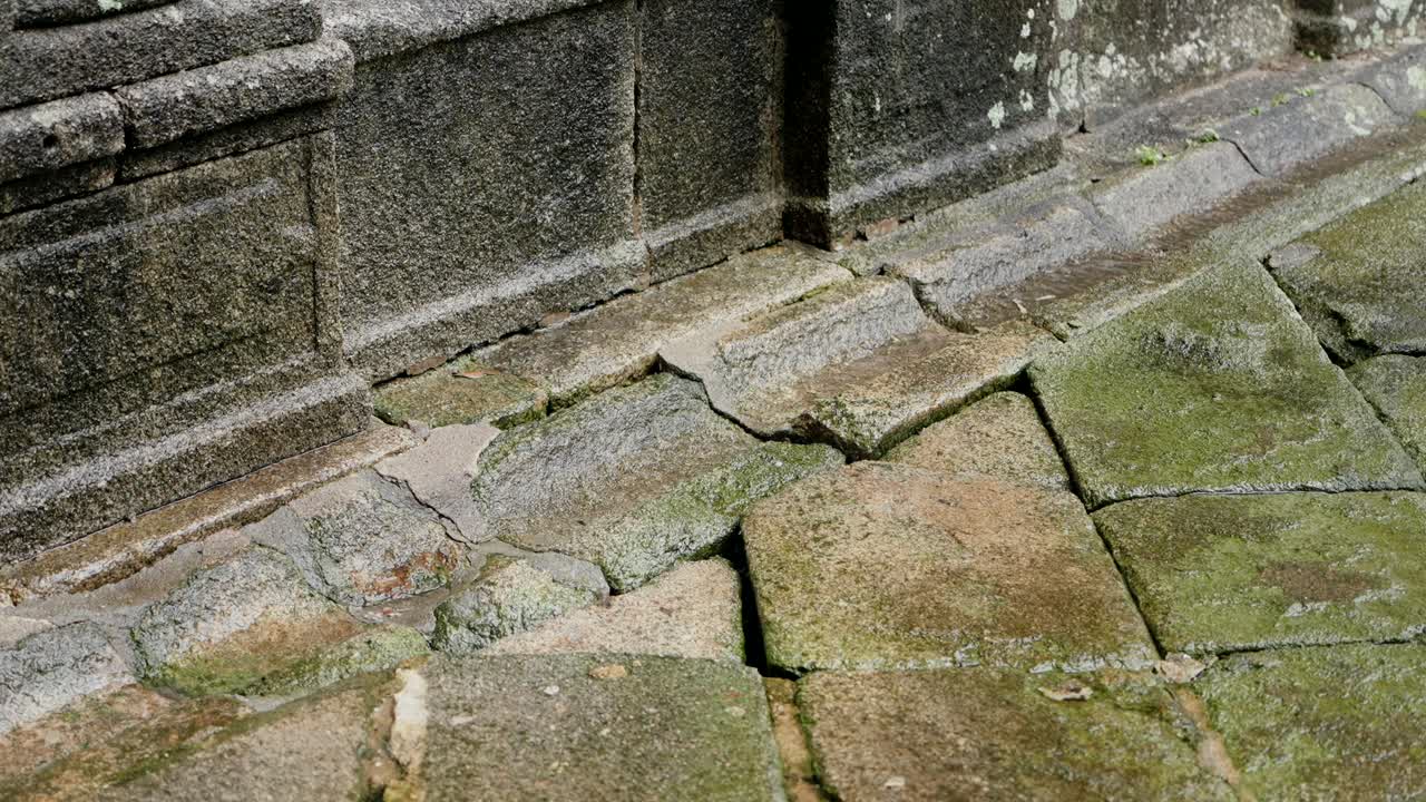 close up of moss covered historic stone floor with cracks and worn texture