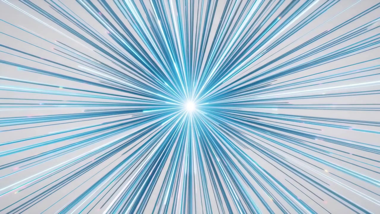 Explosão radial abstrata com centro branco brilhante, raios azul-acinzentados, forte simetria, tom metálico frio e fundo pálido e amplo, criando um padrão de luz futurista e energético com profundidade e vivacidade