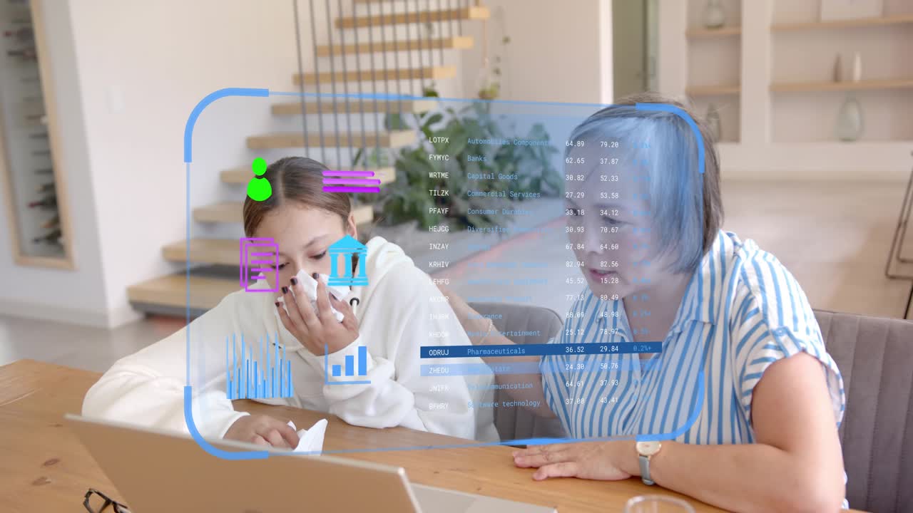 Mother leaning in comforting upset daughter after laptop alert, health HUD guiding notepad writing