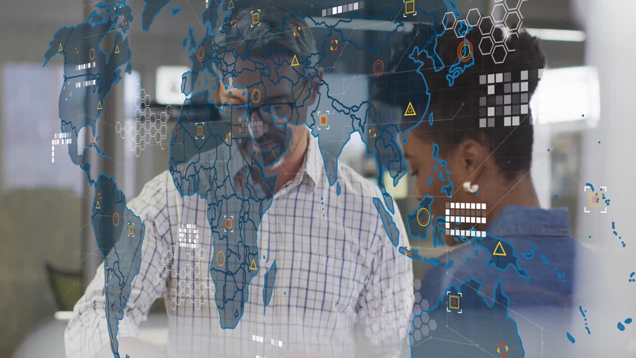 Animation of data processing and world map over diverse business people in office