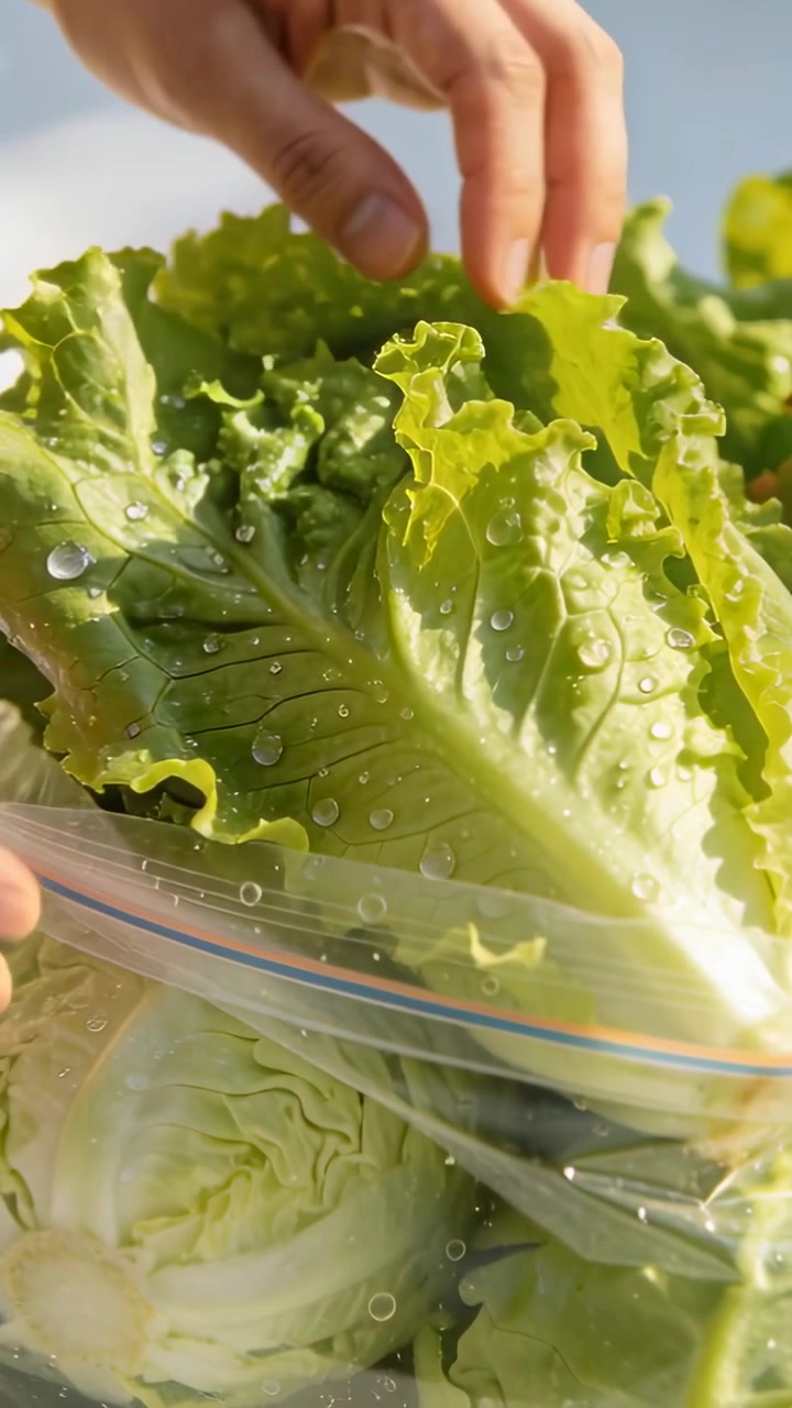 Vertical video: Opening zip bag, hands guiding leaf lettuce into garden to store, cabbage nearby