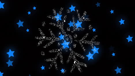 snowflake and blue stars moving on black background