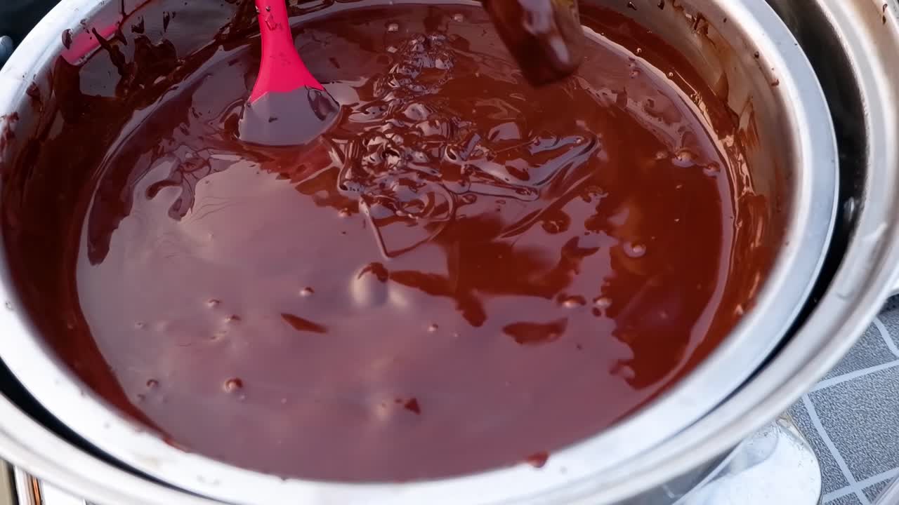 Primo piano di una pentola per fonduta di cioccolato mescolata con una spatola rossa.