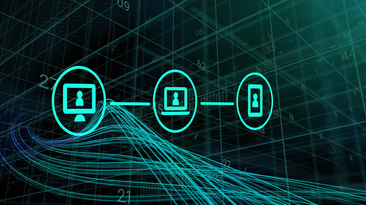 Animation of digital electronic devices icons and data processing over grid