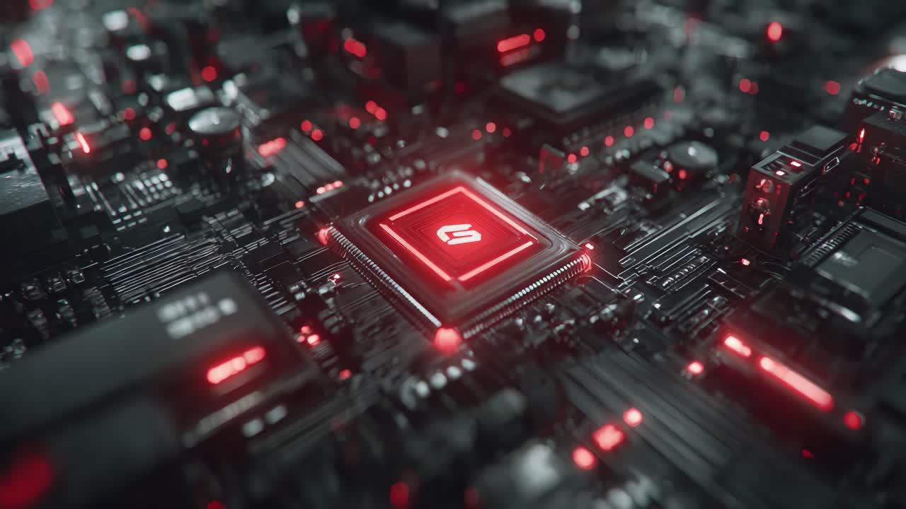 Et nærbillede af et højteknologisk kredsløbskort med en central processor fremhævet af pulserende røde lys, der viser avanceret teknologi og indviklede designelementer.