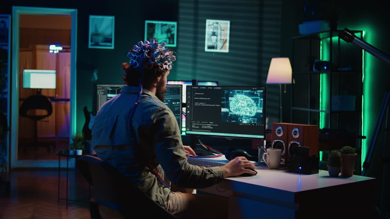 Close up of neuroscientific equipment used by man transferring consciousness