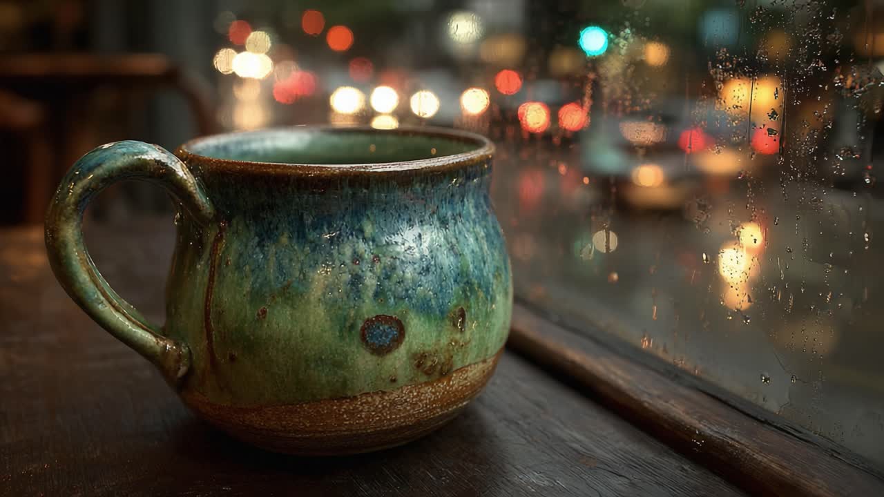 A Glimmering Ceramic Mug Exuding Warmth, Set Against a Gloomy Rainy Window with Blurred City Lights Creating a Cozy Ambiance Perfect for Reflection
