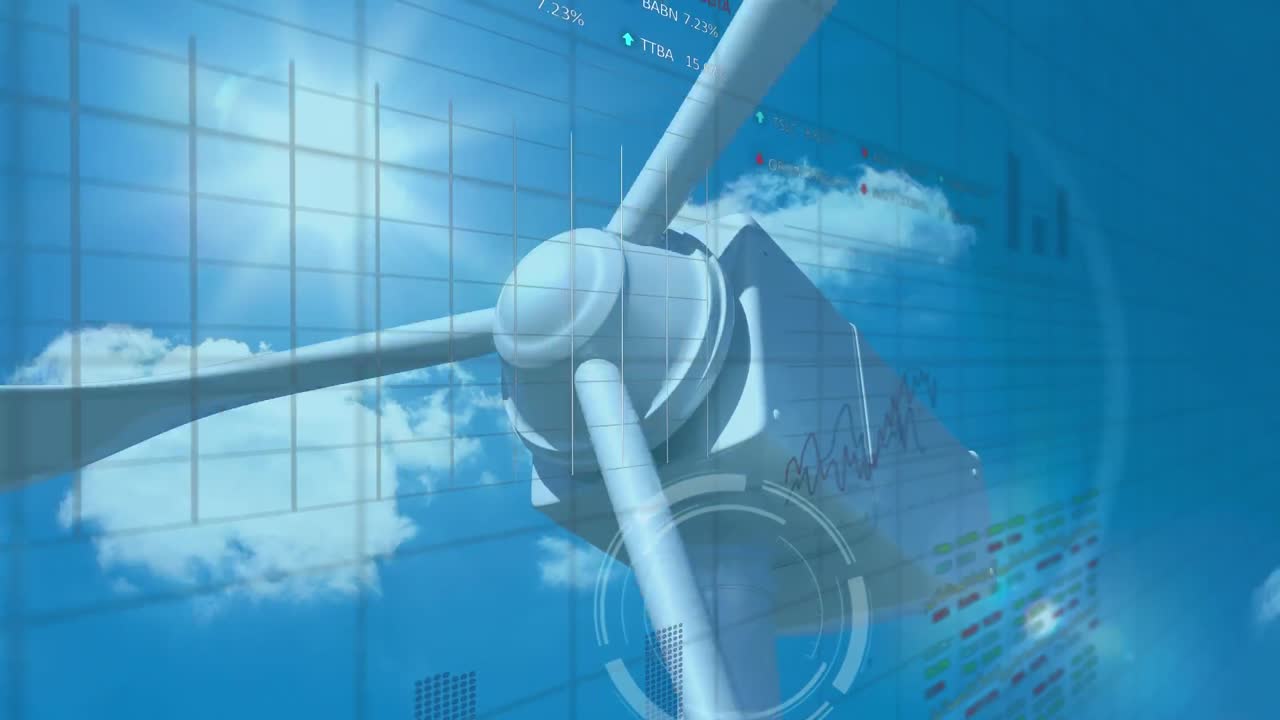 하늘을 향해 회전하는 풍력 터빈에 대한 그래프로 데이터 처리의 애니메이션