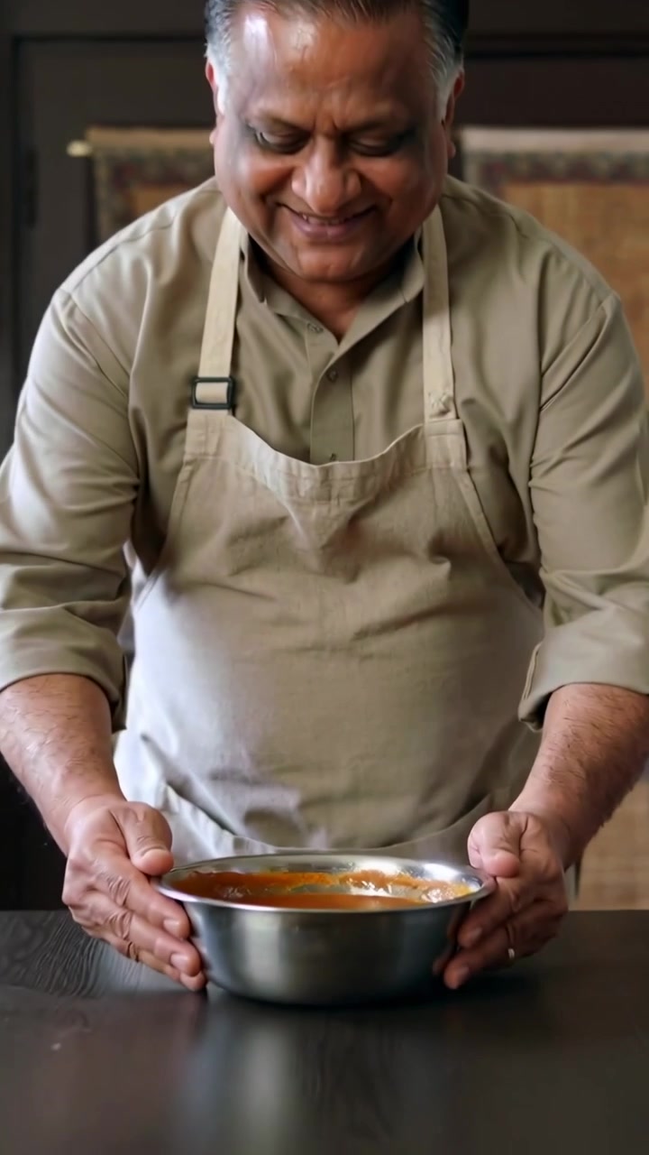 Video verticale: Cuoco anziano che indossa un grembiule in cucina, tenendo una ciotola, servendo curry a destra.