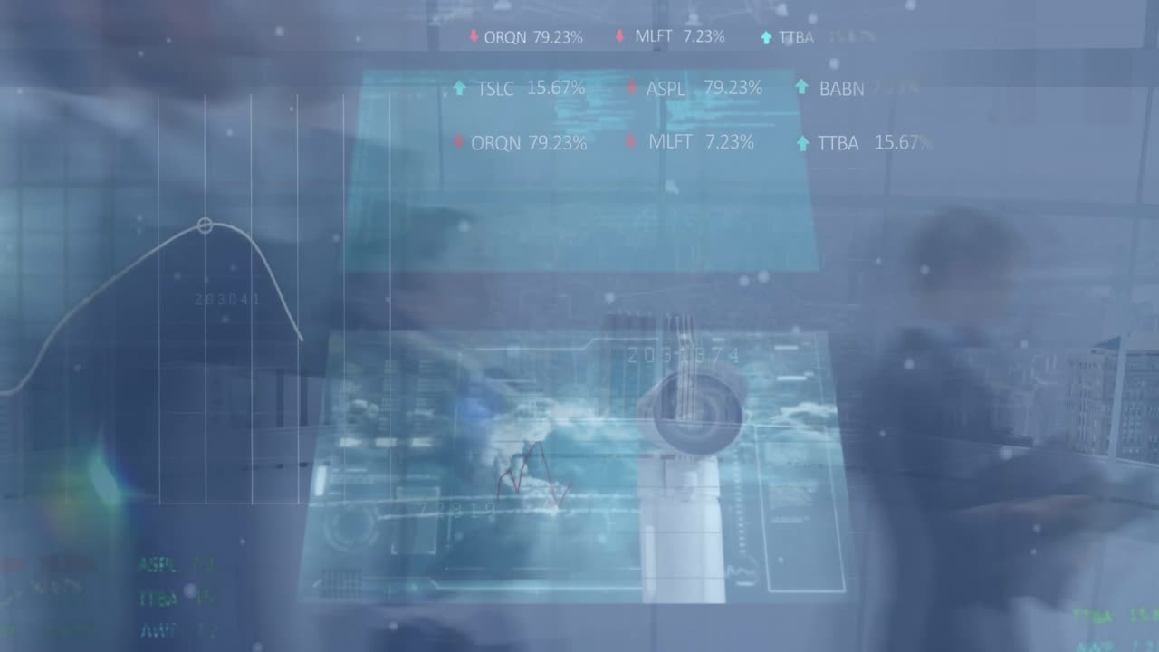 animación del procesamiento de datos financieros sobre personas de negocios caminando