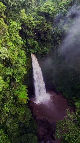 nungnung waterfall plunges from the cliff with force, steam rising through the misty air, captured in a vertical drone view deep in the balinese jungle.