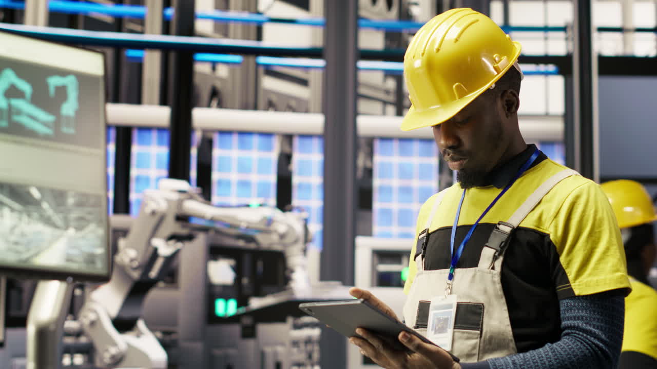 Vertical video Smart factory mechanic using tablet to analyze IoT sensors data