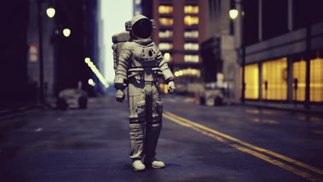 astronauta de pie en una calle urbana vacía bajo las luces oscuras de la ciudad al anochecer