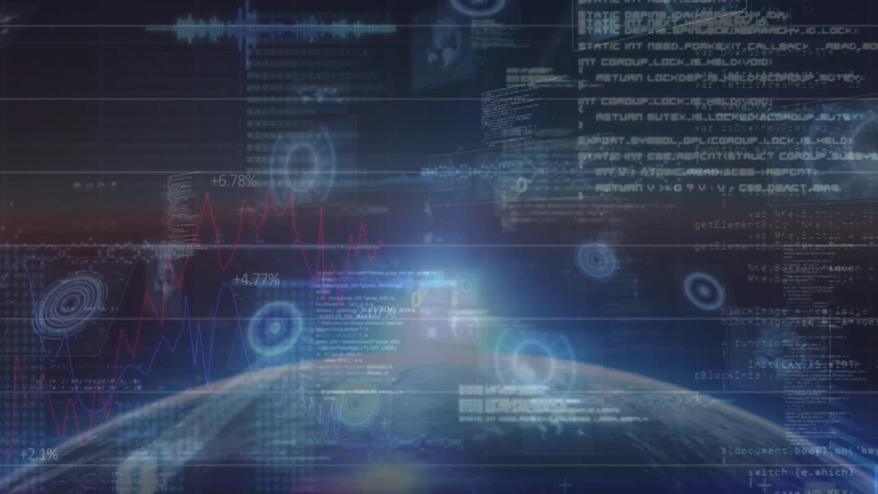 animación de escaneos y procesamiento de datos en pantallas sobre el globo y el sol