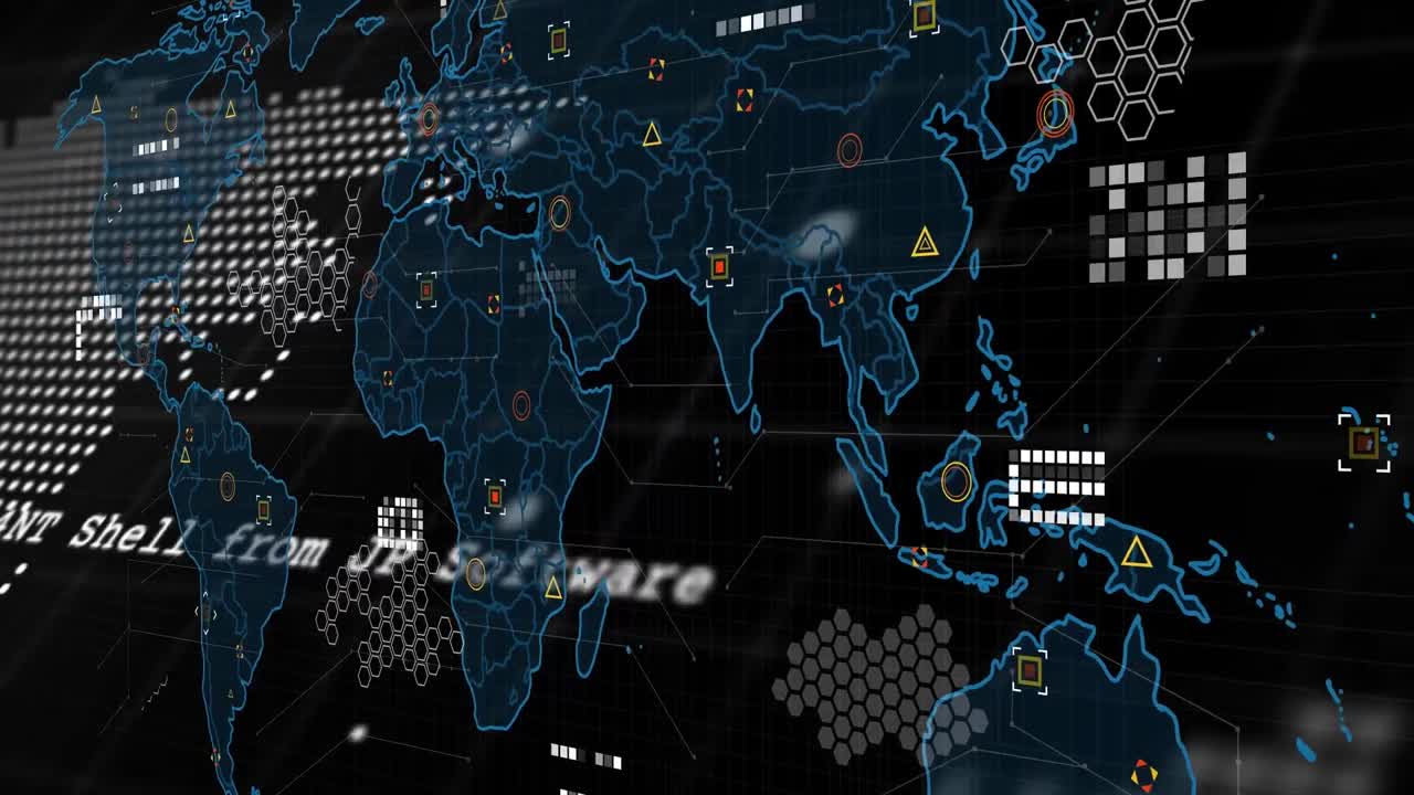 Animation of data processing with world map on black background