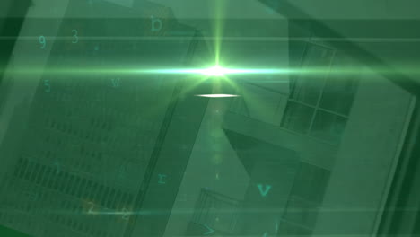 animación de luces, escaneo y malware sobre el edificio