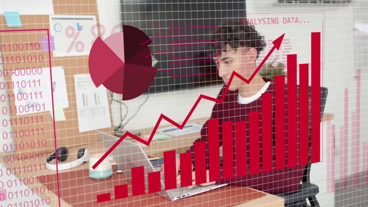 Man typing laptop causing red globe growing HUD forming binary flowing charts rising for analytics
