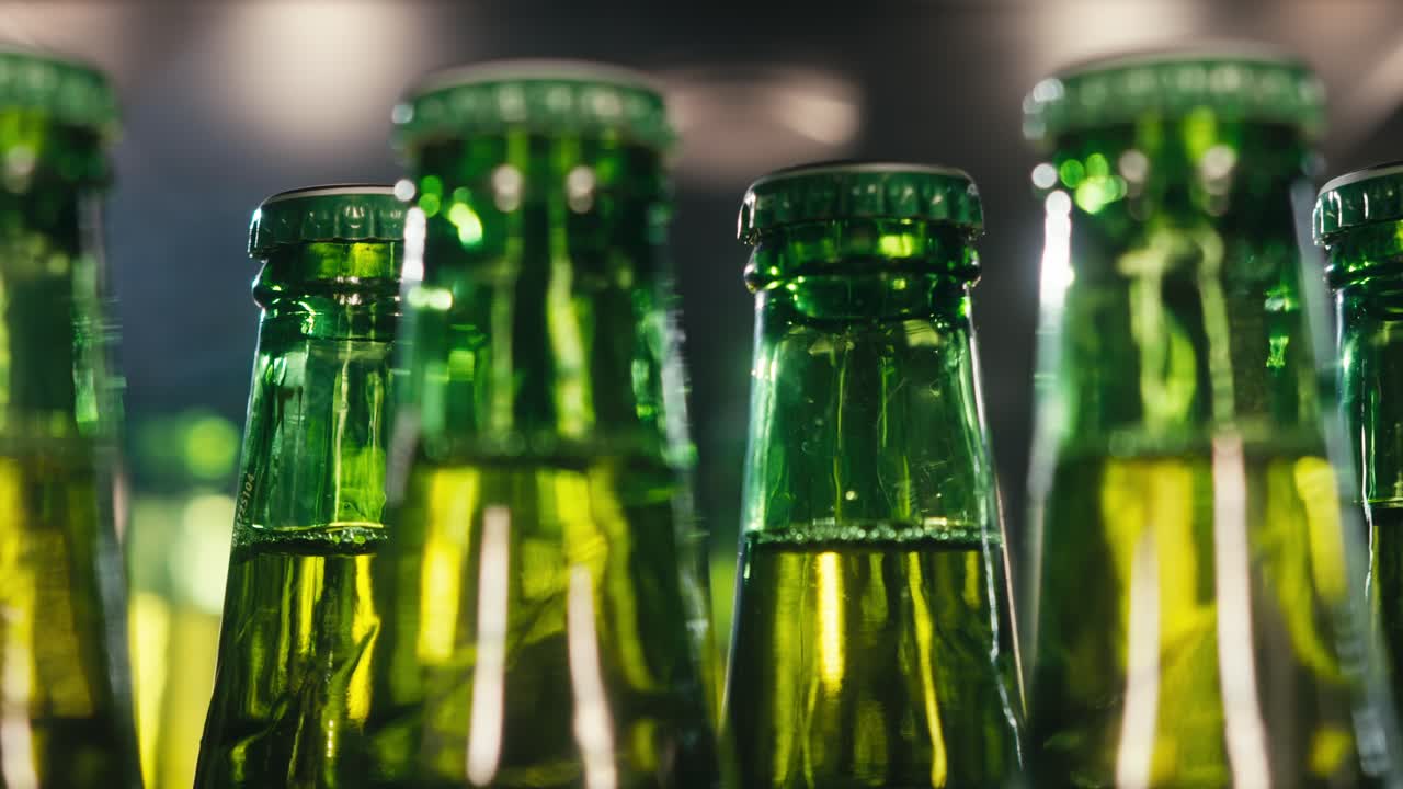 Row of beer bottles in fridge, shop or hotel, cold lager craft german beer or cider, shop supermarket or wine cooler close up.