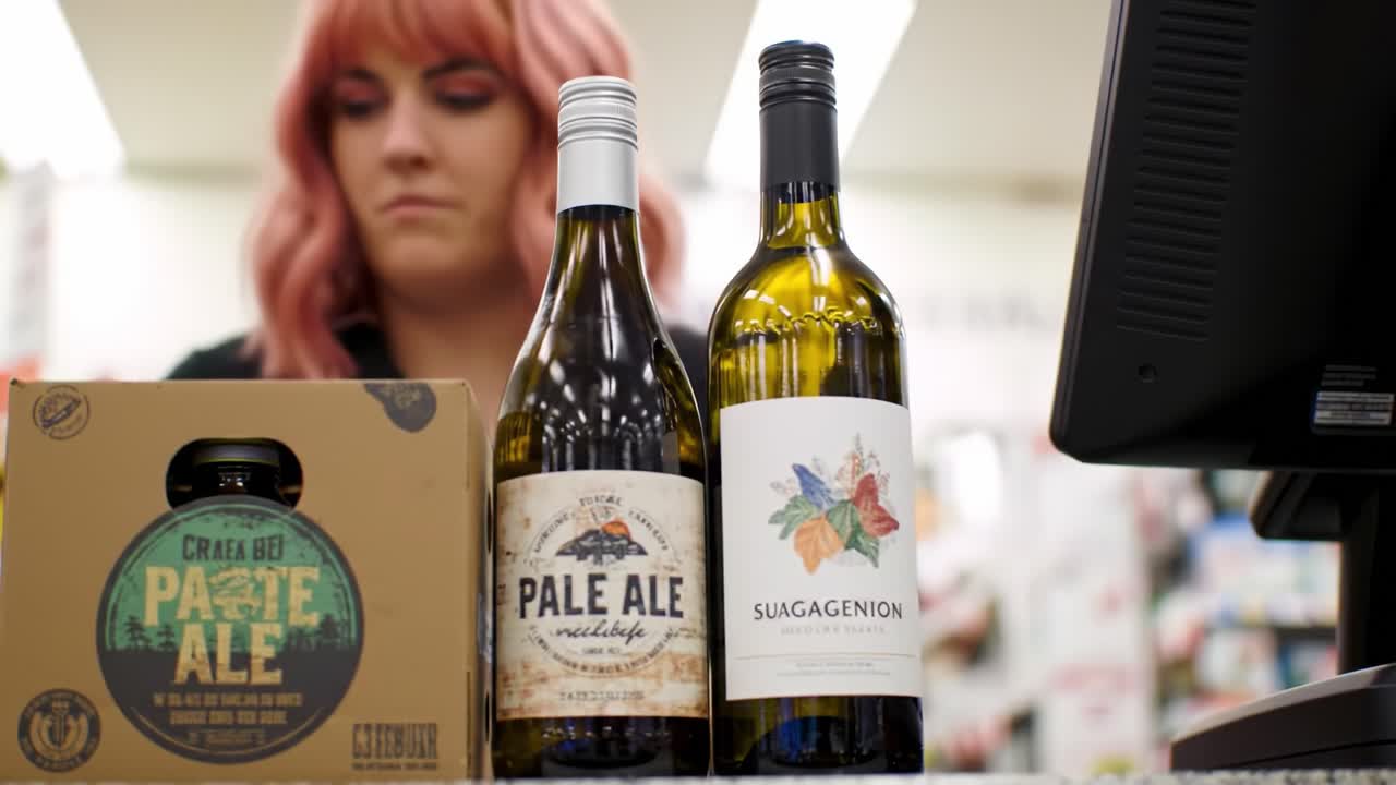 A customer with pink hair stands at the register, preparing to purchase a selection of craft beer and white wine in a lively retail environment. The atmosphere is friendly and inviting.