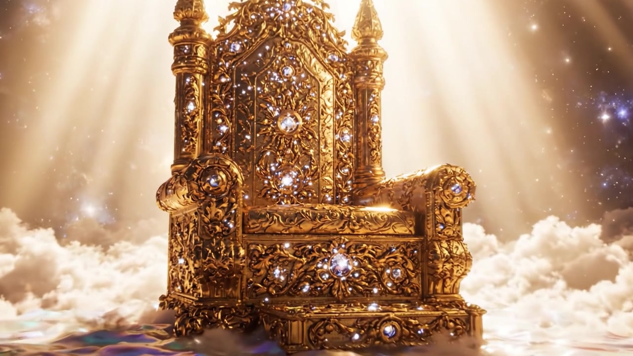 A Majestic Golden Throne Illuminated by Divine Light, Surrounded by Ethereal Clouds and Stars, Exuding Power, Royalty, and Serenity in a Celestial Realm