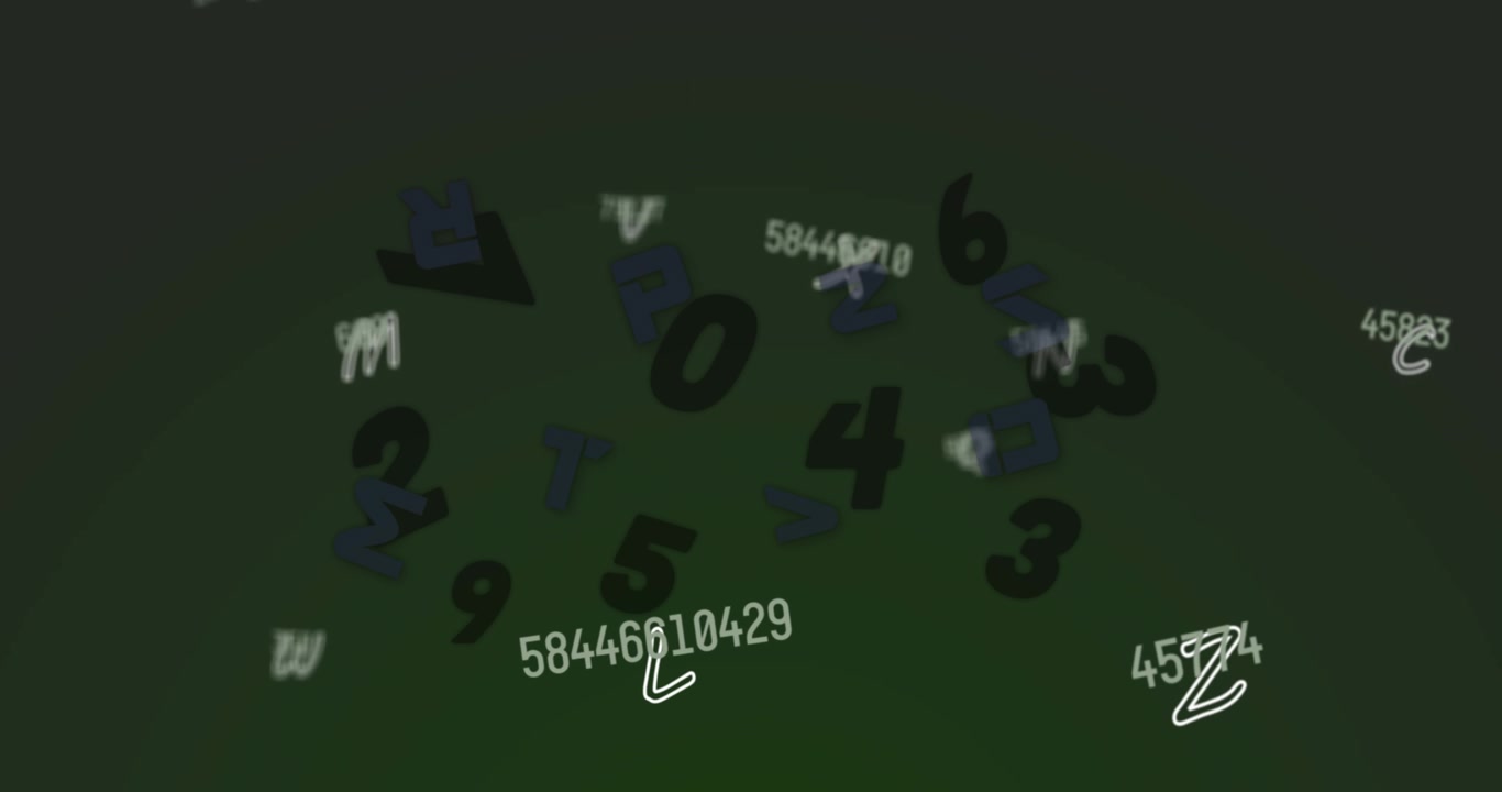Animazione di numeri e lettere che cadono su sfondo verde.