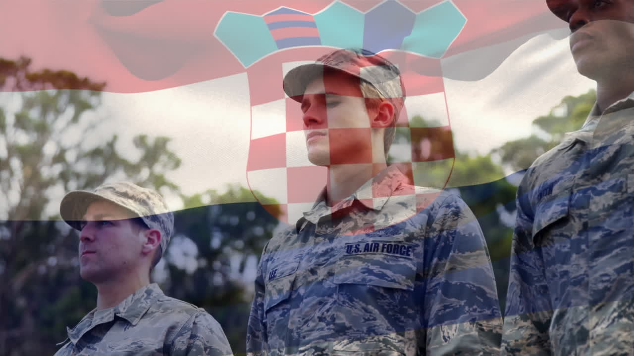 animación de la bandera de croacia ondeando sobre varios soldados
