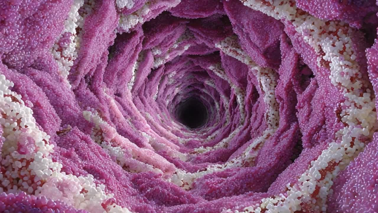 A Stunning View into the Depths of a Vibrant, Twisting Passageway Filled with Shimmering Pink and White Crystals, Leading into a Dark Void at its End