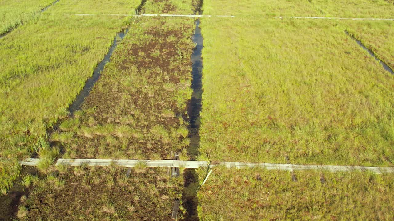 Aerial view of a large peat bog harvesting site with long parallel rows of extracted peat, wooden pallets, and covered stacks stretching across the landscape