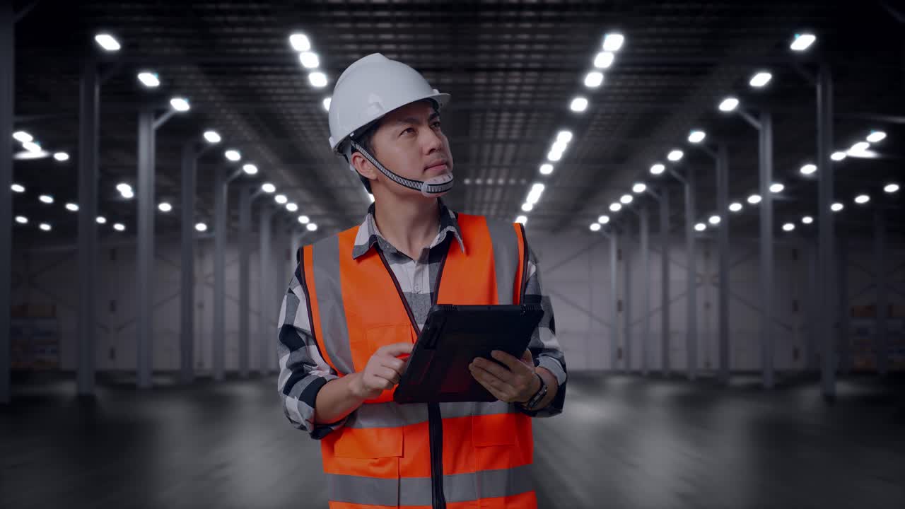 Ingegnere uomo asiatico con elmetto di sicurezza che guarda il tablet nella sua mano e si guarda intorno mentre è in piedi in un magazzino moderno vuoto.