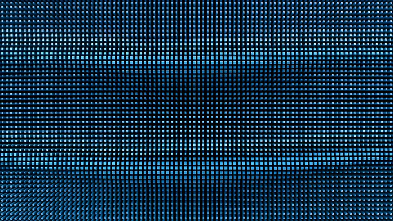 Teal LED Pixel Matrix Screen Closeup, Microdot Grid, Slow Scan, Digital Shimmer, Circuitry Vibe, Broadcast
