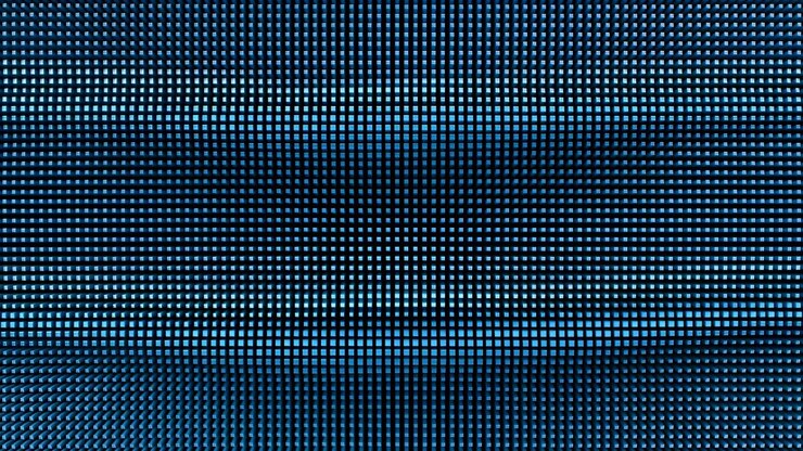 Teal LED Pixel Matrix Screen Closeup, Microdot Grid, Slow Scan, Digital Shimmer, Circuitry Vibe, Broadcast