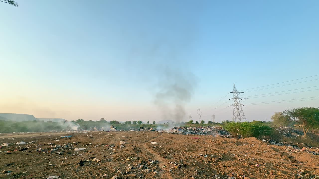 wide angle shot of the dump yard, black smoke coming out of it and cows eating garbage can be seen in distance