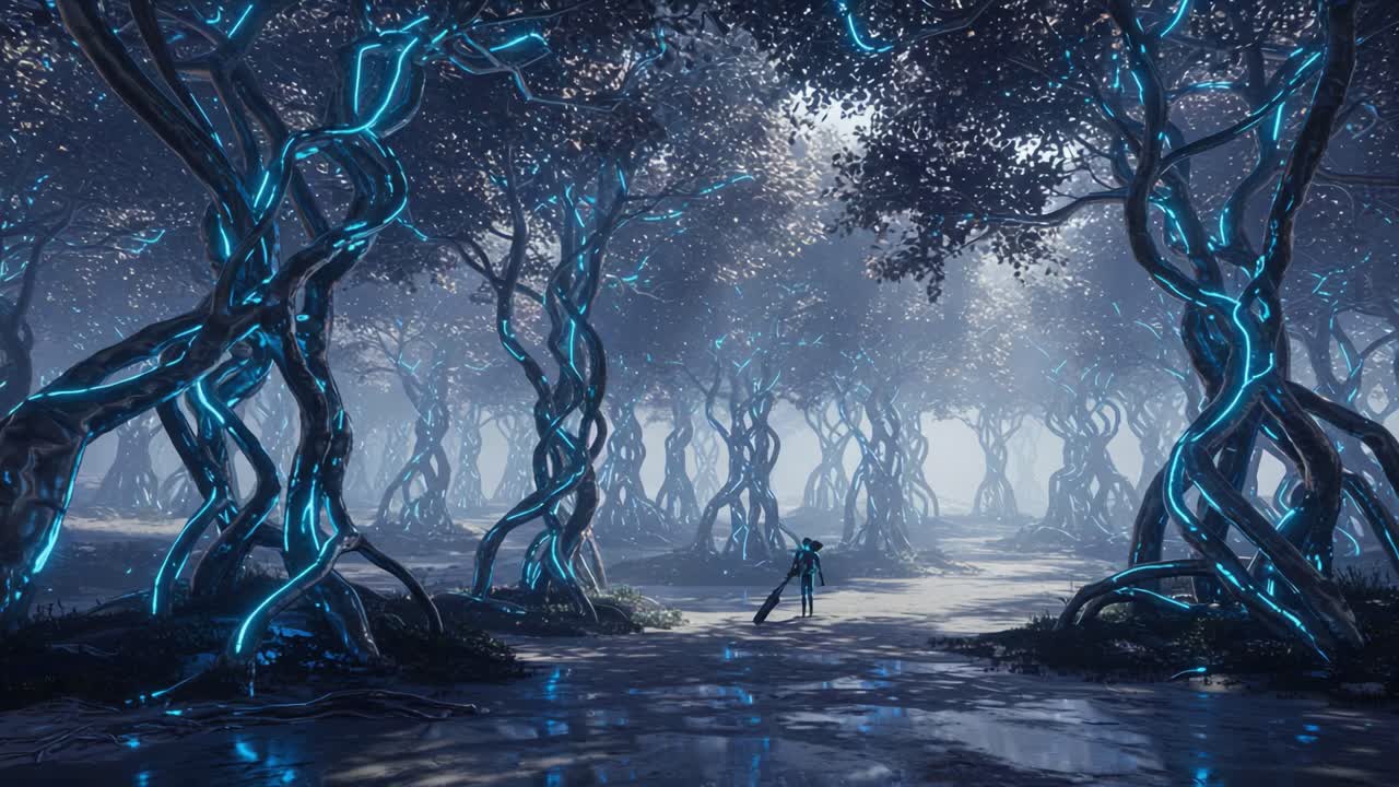 A Futuristic Forest Scene with Bioluminescent Trees and a Mystical Figure Standing in a Surreal Environment, Evoking a Sense of Wonder and Mystery