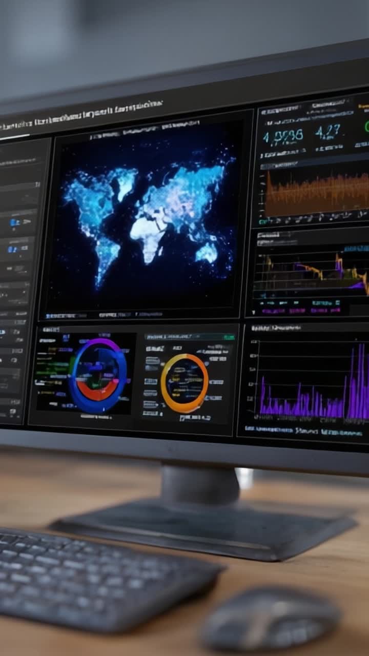Interactive Data Visualization Dashboard Displaying Global Information Metrics with Graphs, Charts, and Analytics on a Computer Screen in a Modern Workspace