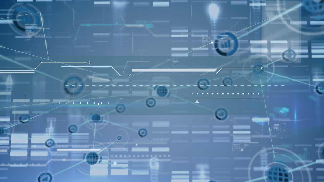Animation of network of connections with icons over data processing