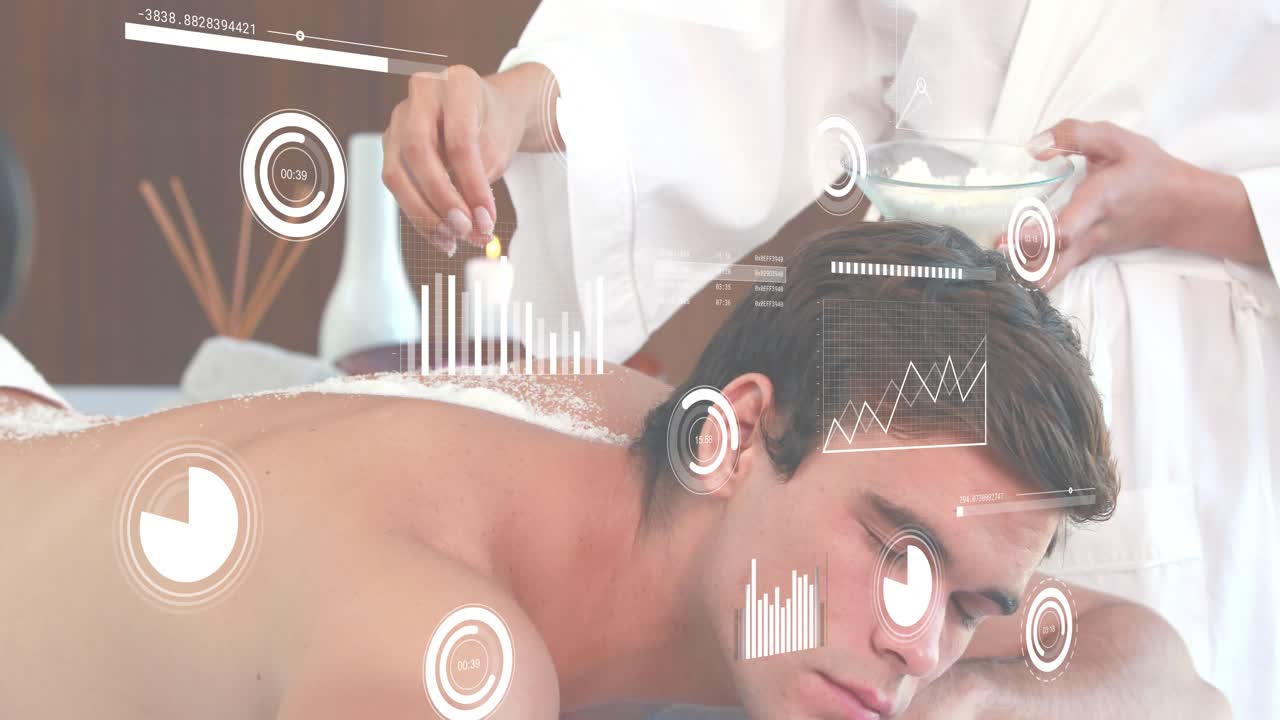 Spa therapist picking scrub and sprinkling across client back while data overlays showing metrics