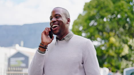 Phone-call,-communication-and-black-man-walking