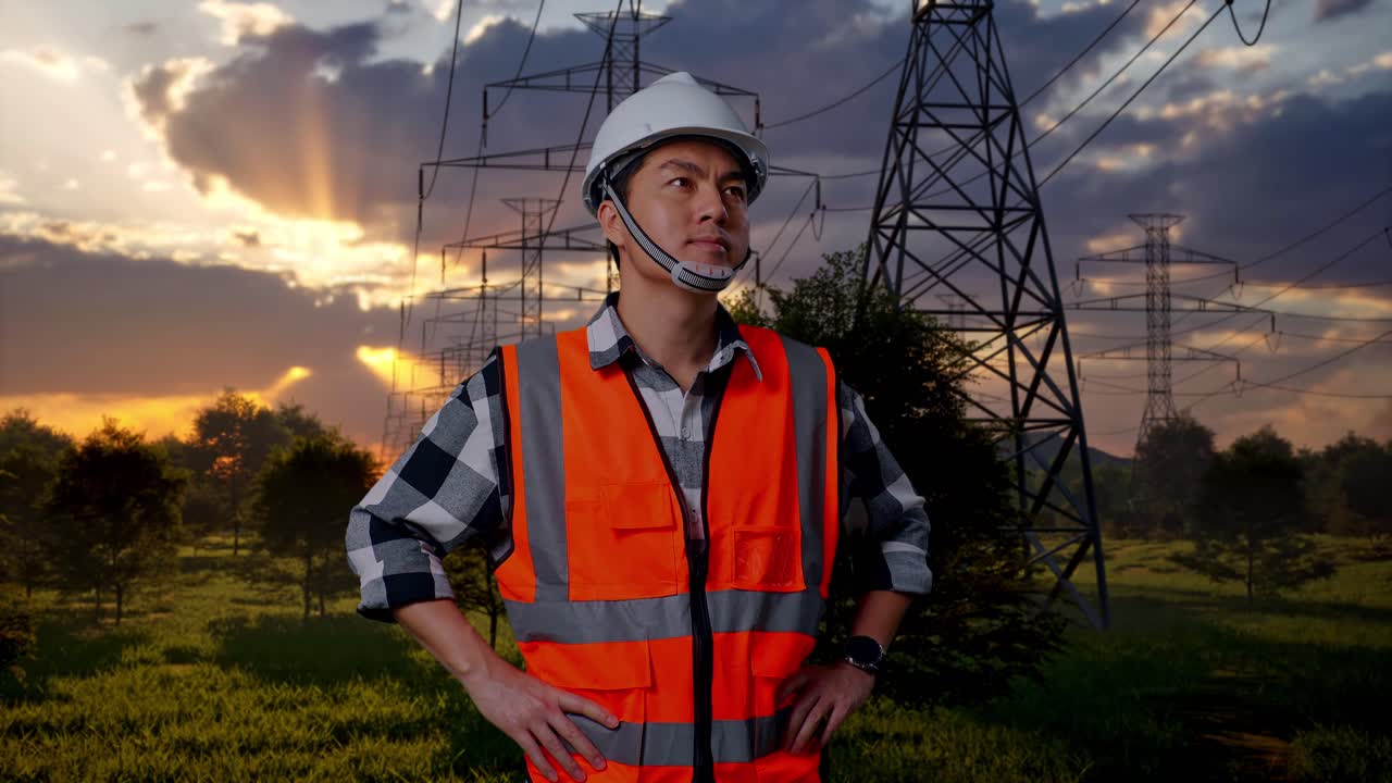 Engenheiro com colete de segurança perto de torres de eletricidade ao pôr do sol