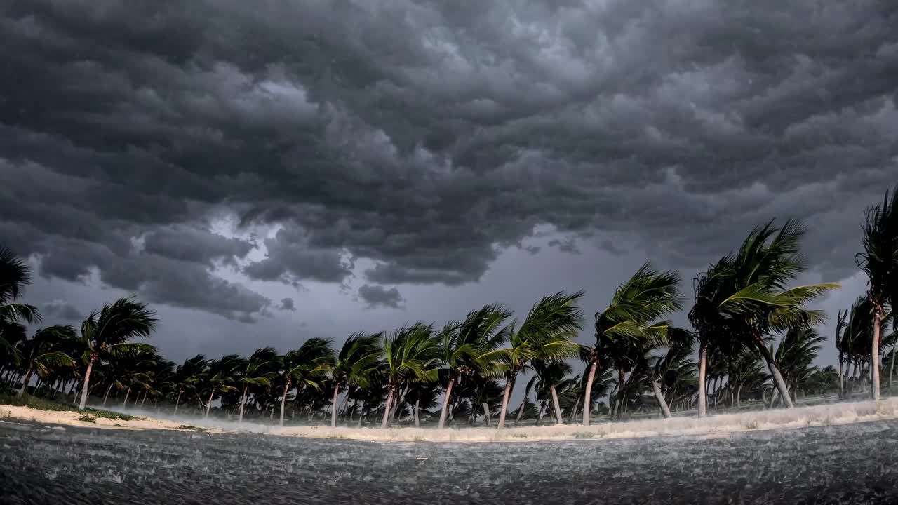 Dramatic low-angle video shot of palm trees bending in strong winds under dark storm clouds