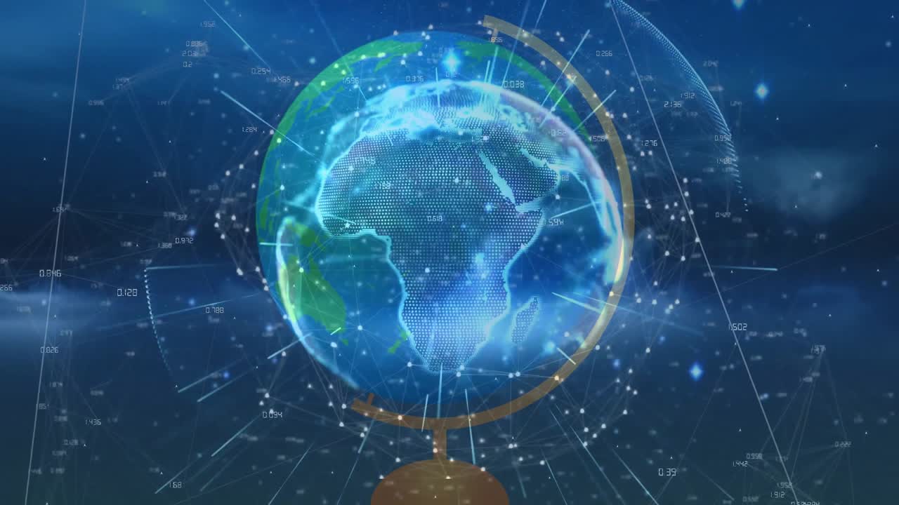 出现一个三维地球，各大洲逐渐淡出，地球旋转并连接节点以实现全球数据可视化。