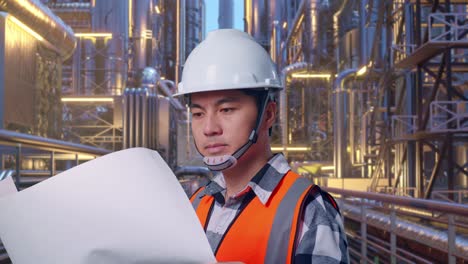 close up side view of asian male engineer with safety helmet looking at blueprint in his hands and looking around while standing at a vast oil refinery