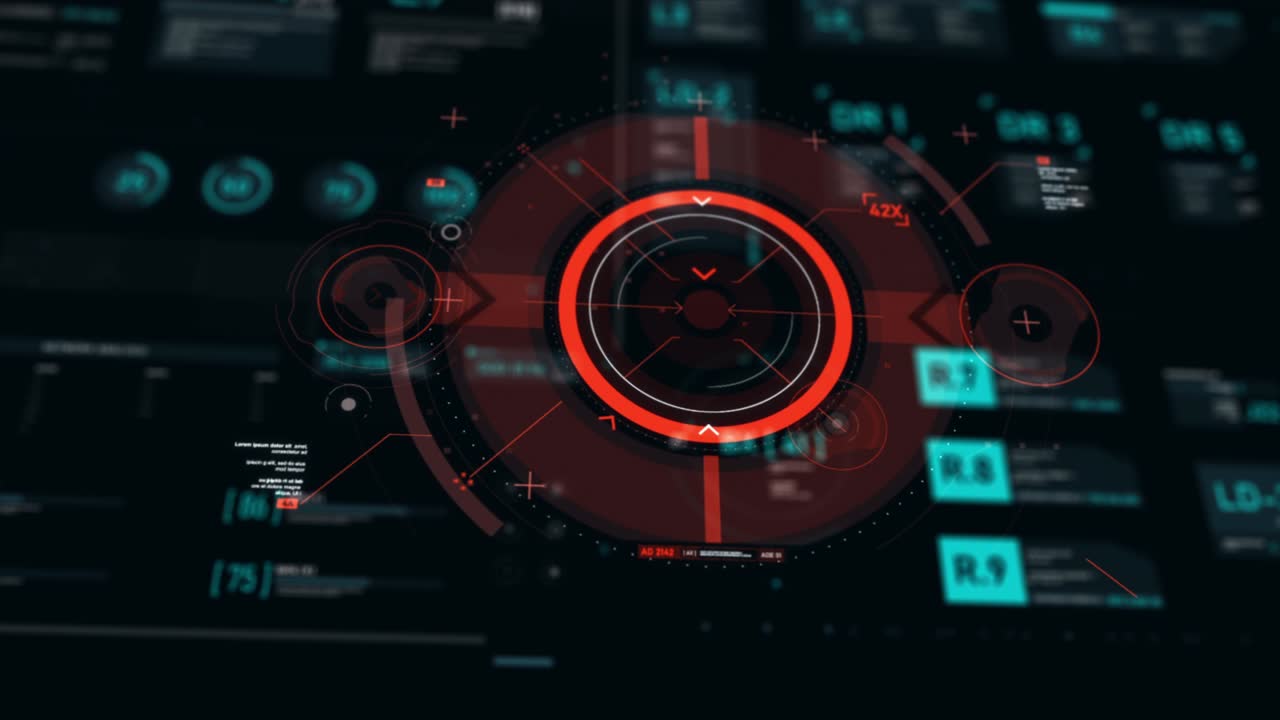 puntero objetivo y interfaz de usuario futurista hud gui elemento de número de texto digital para tecnología cibernética concepto con poca profundidad de campo oscuro y procesado de grano