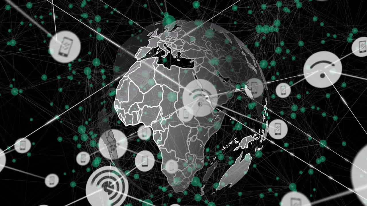 animación de una red de iconos digitales sobre un globo giratorio contra un fondo negro