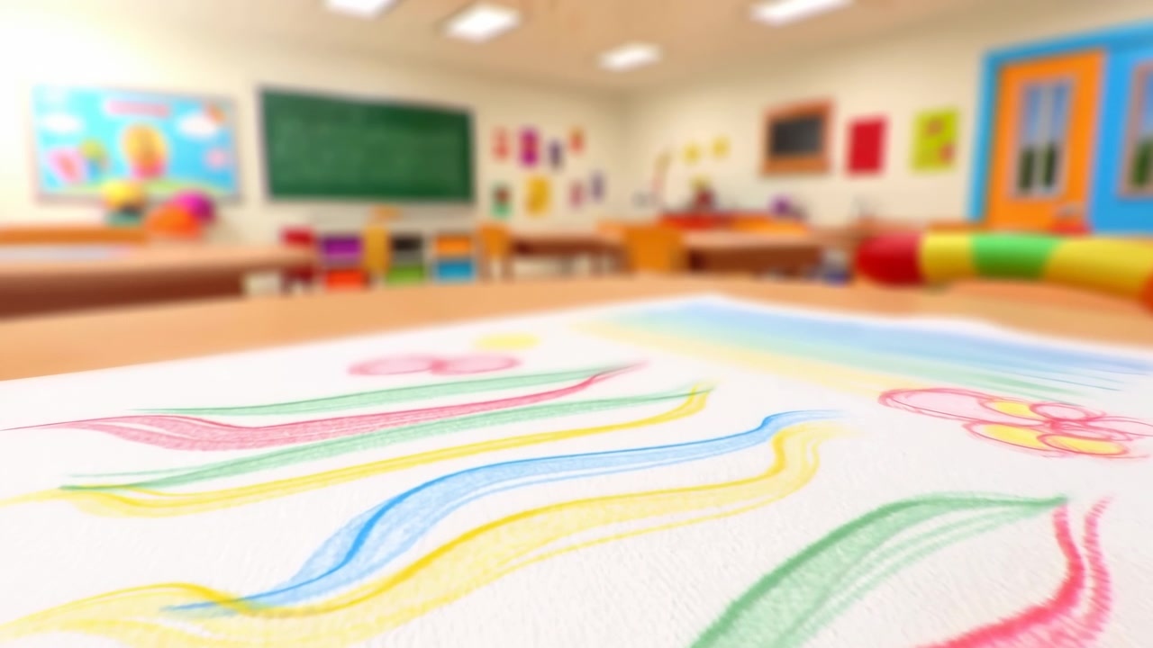 Low desk level view across classroom desk toward childlike crayon drawing on white paper, with soft multicolor strokes and flower sketch in foreground, blurred chalkboard, wall art, tables, storage