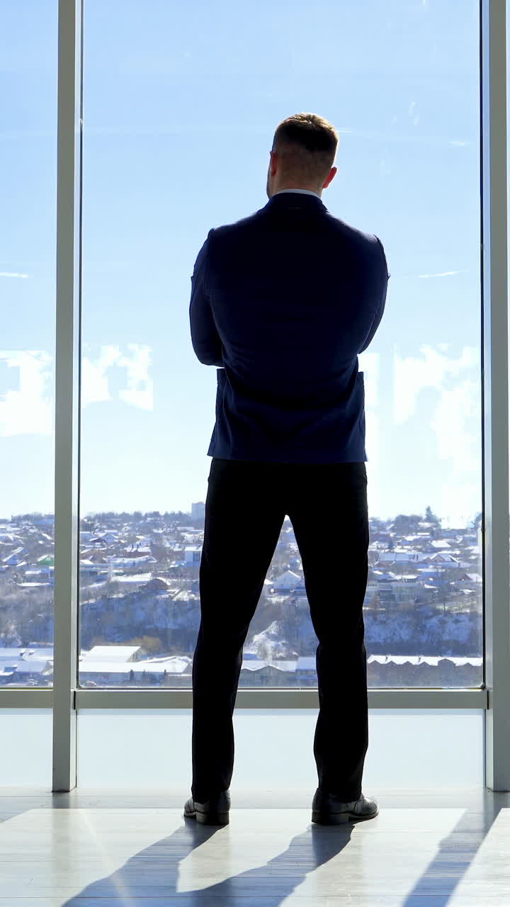 Imprenditore di successo che guarda fuori dalla finestra di un ufficio moderno. Vista posteriore di un pensieroso uomo d'affari