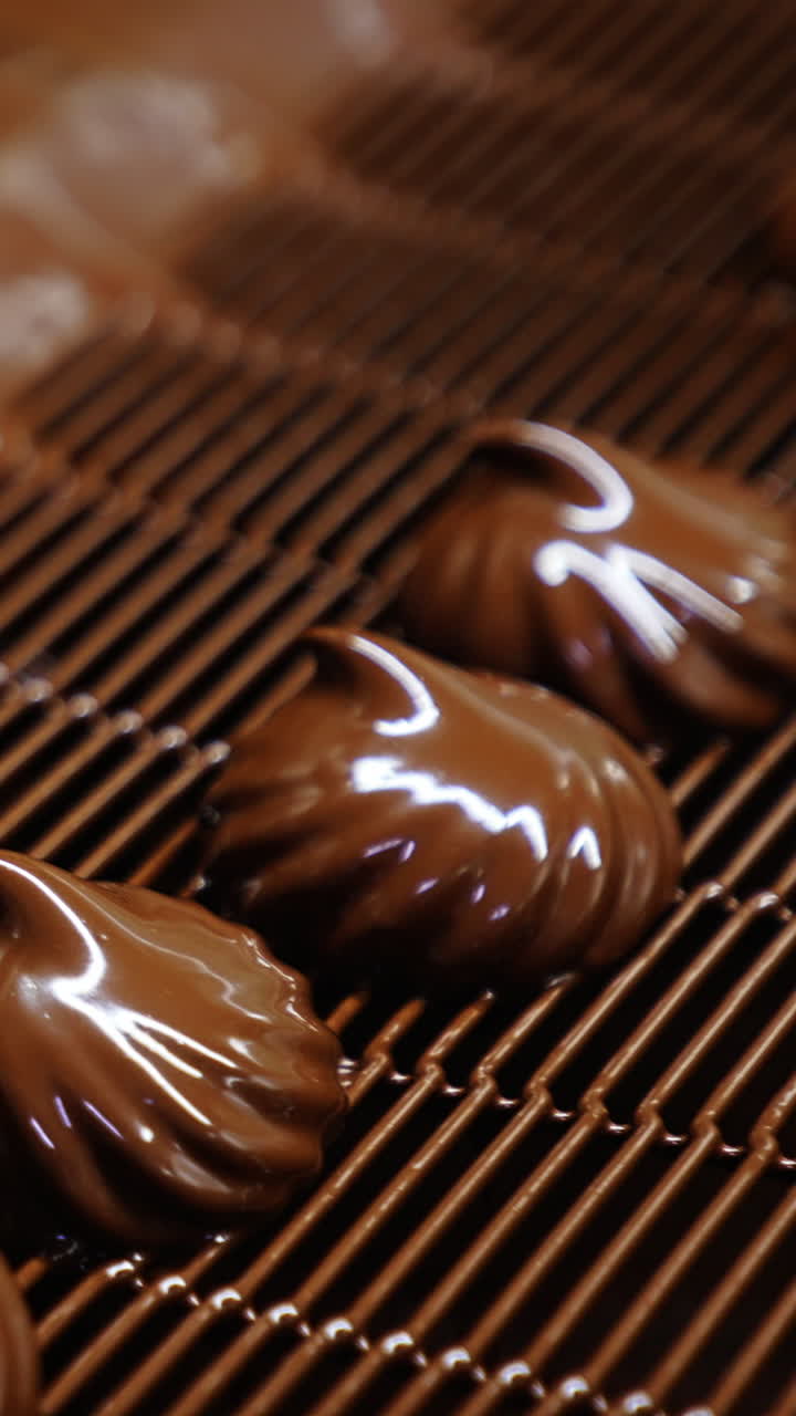 Marshmallows being deepened into a thick layer of chocolate. Production of zephyr sweets at confectionary factory. Close up. Vertical video